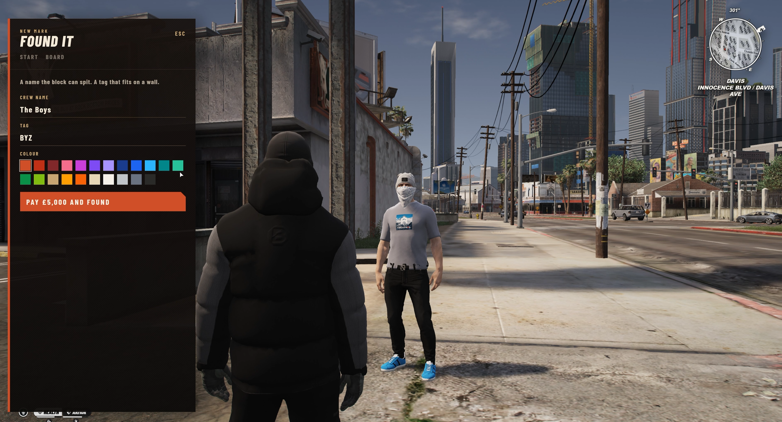 FiveM gang script menu for creating a custom gang name, tag, and colour